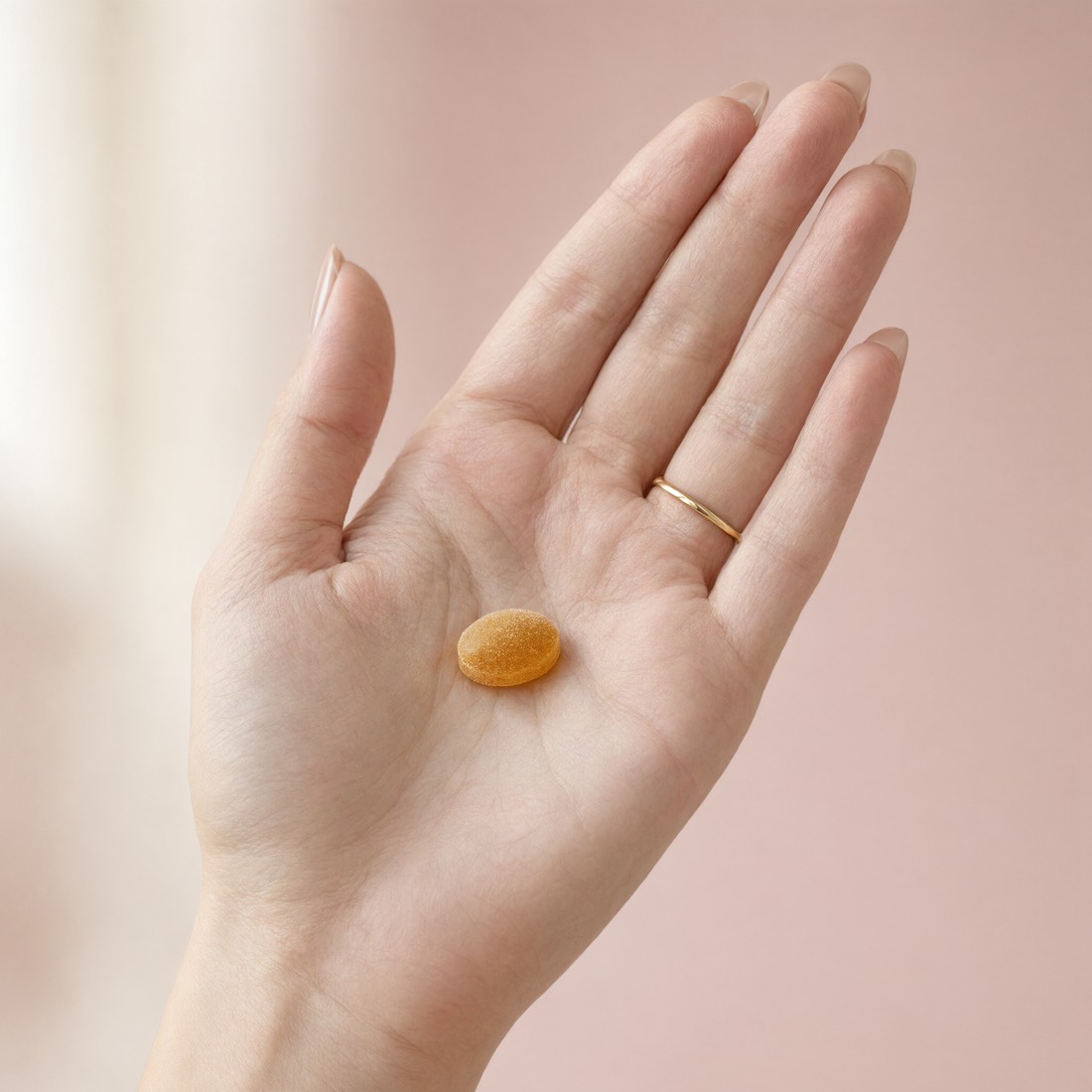 A honey drop resting in an open palm