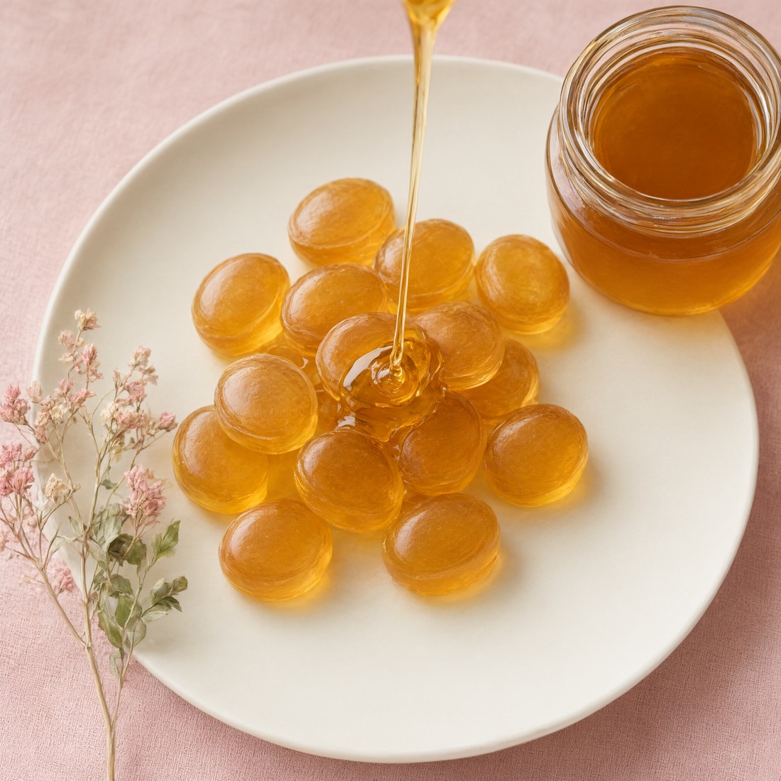 Honey drizzling over amber drops with botanicals